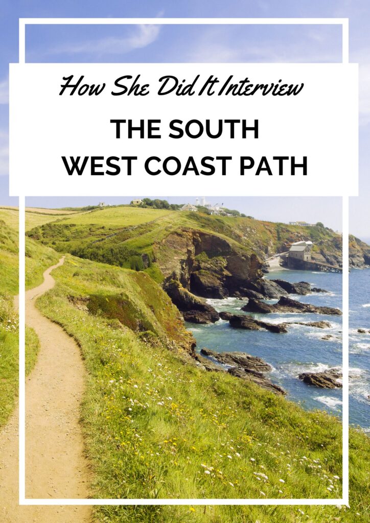 A coastal walking path curves along grassy cliffs beside the sea under a clear sky, with text overlay reading "How She Did It Interview: The South West Coast Path.