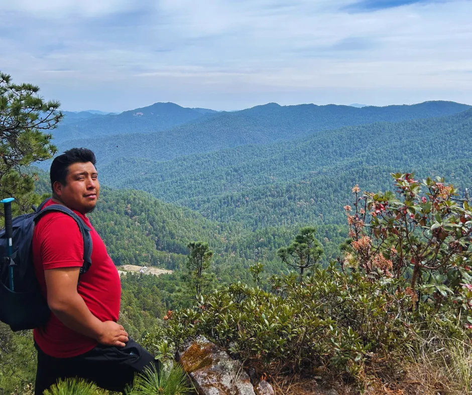 A man wearing a red shirt and backpack stands on a mountain overlook, gazing at a vast expanse of green forest and distant hills under a partly cloudy sky.