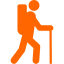 An orange icon of a person hiking with a backpack and walking stick.