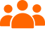 Orange icon of three stylized human figures, with one larger figure in the center and two smaller figures on either side, representing a group or community.