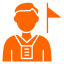 Orange icon of a person wearing a vest and standing next to a triangular flag.